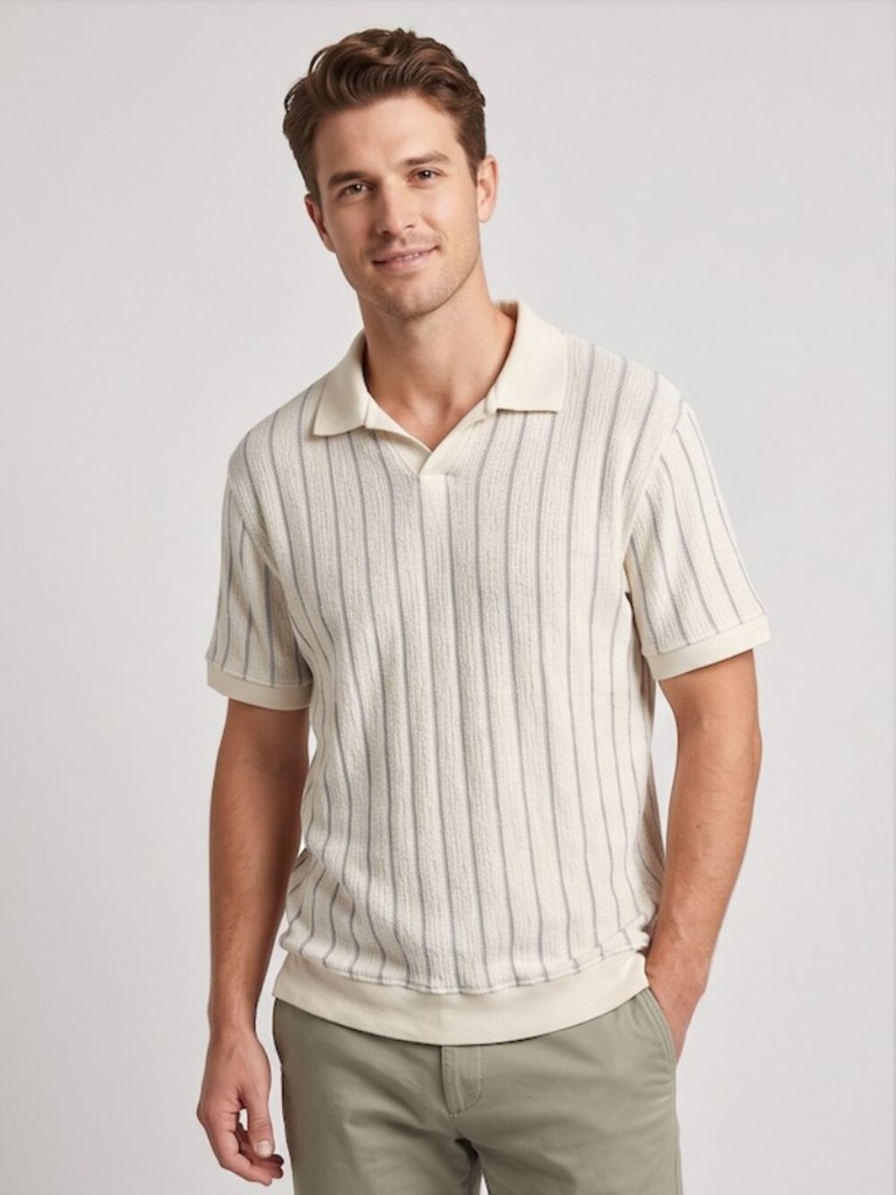Zara Men's Textured Knit Striped Polo Shirt – Ecru Cream Johnny Collar Top